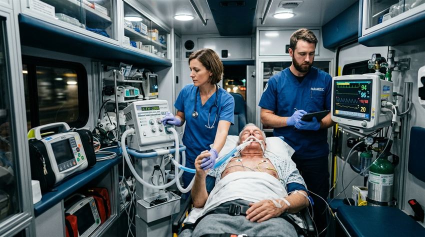 Doctor and Paramedic in Mobile ICU Stabilization