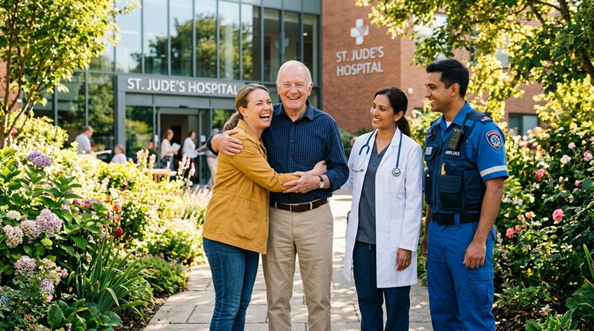 Recovered Patient Smiling With Family and Doctor